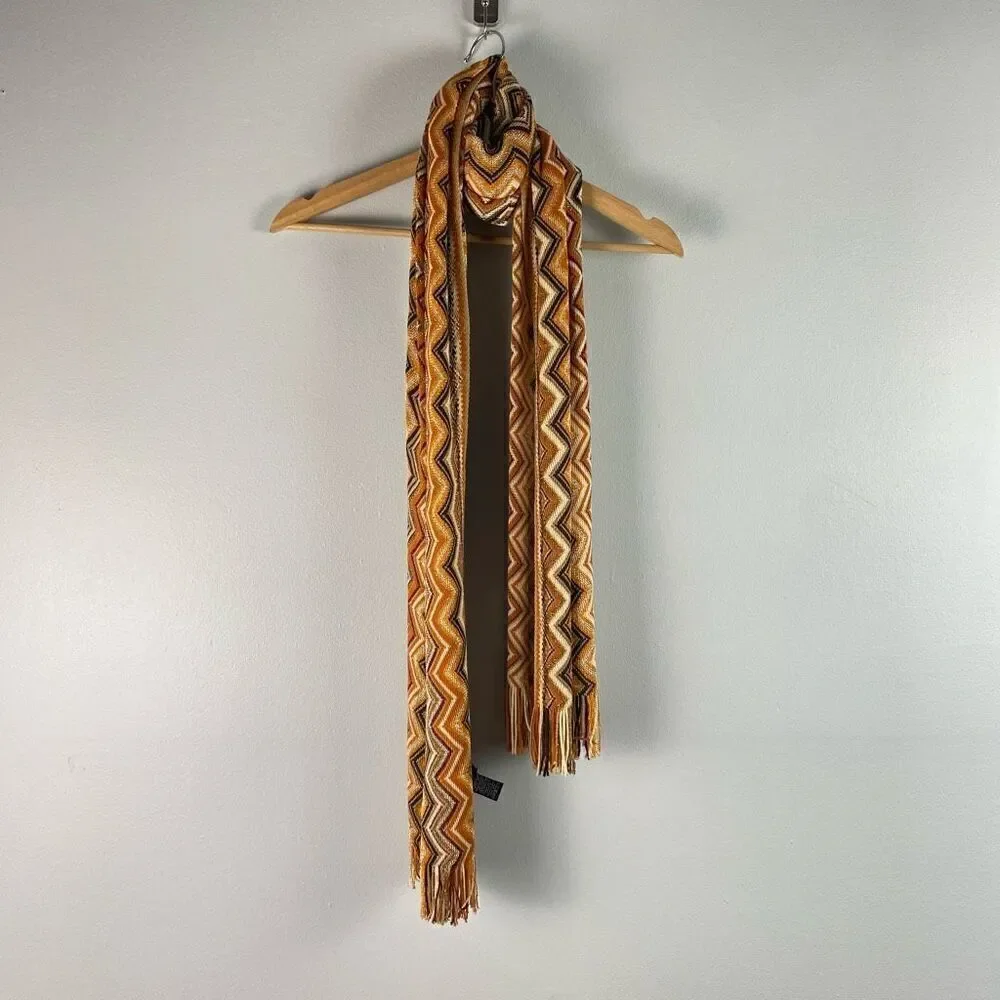 Missoni Wool Zig Zag Scarf With Fringe and Metallic Detail